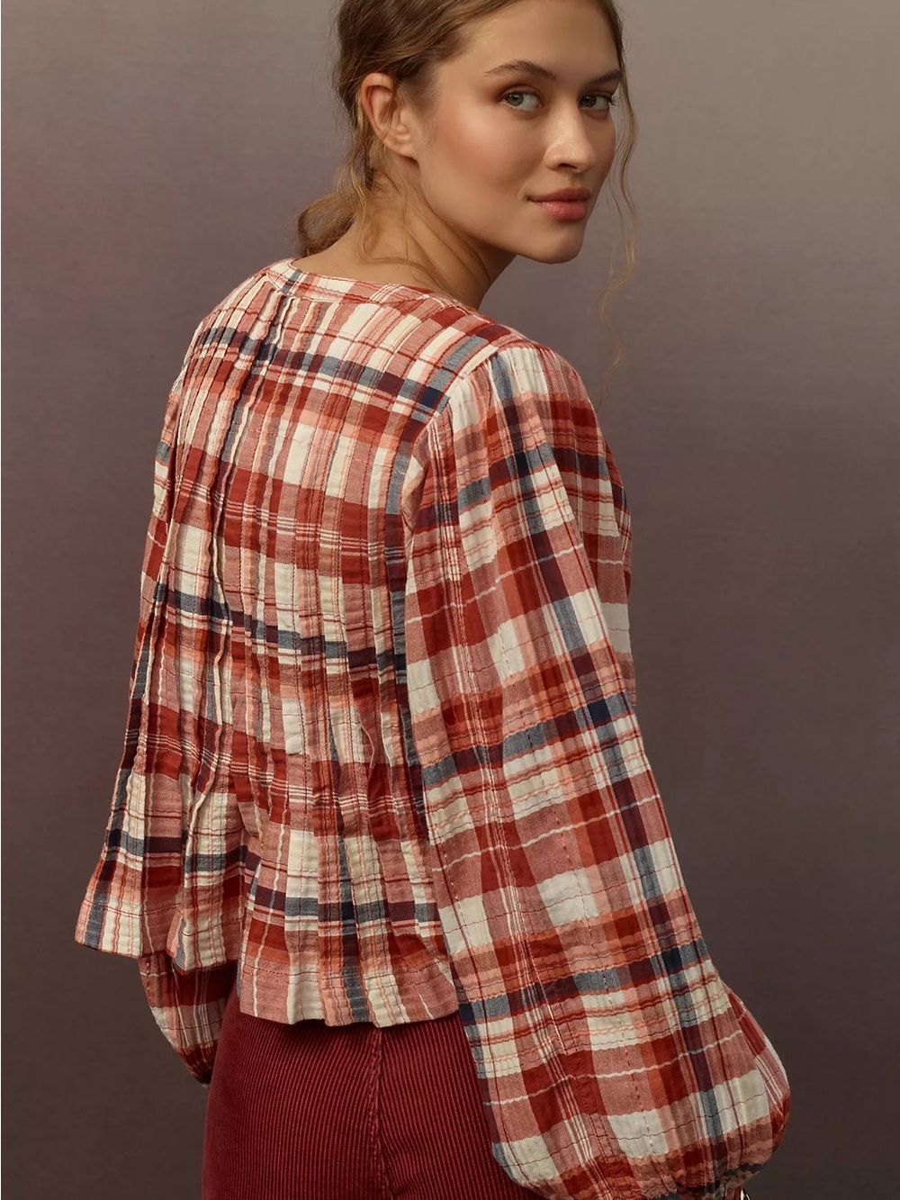 Pilcro Pleated Swing  Blouse Balloon Sleeve Plaid Metallic Anthropologie Size XS - Picture 3 of 9
